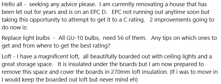 loft insulation EPC C GU10 bulbs UK