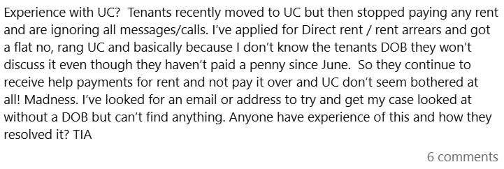 universal credit rent arrears landlord DOB UK 2025